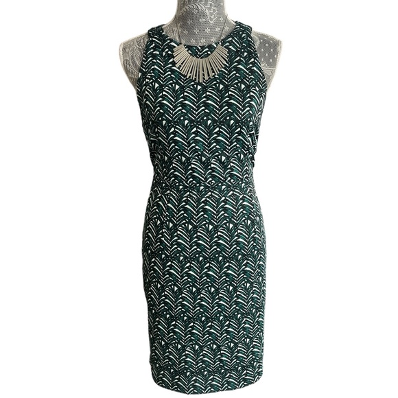 NWT H&M Sleeveless Green White Palm Leaf High Neck Halter Bodycon Dress Large - Picture 2 of 11